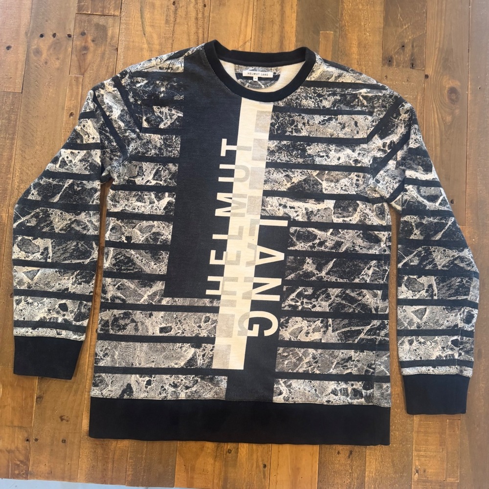 Helmut Lang Womens Marble Stripe Logo Graphic Sweatshirt Black White Size M